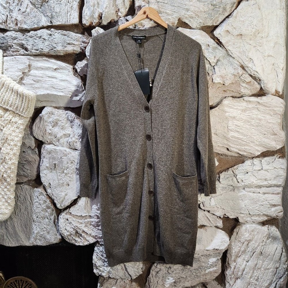 State Cashmere Open Front Cardigan 100% Pure Cashmere Women's M Grey Minimalist